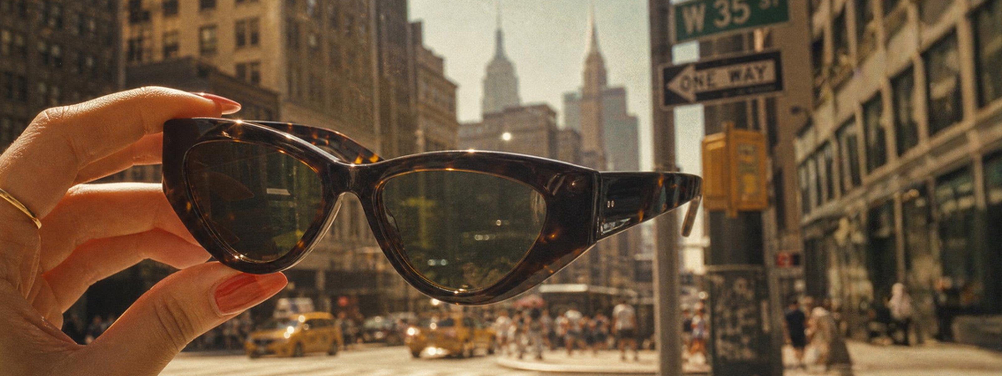 Person holding sunglasses with New York city street background