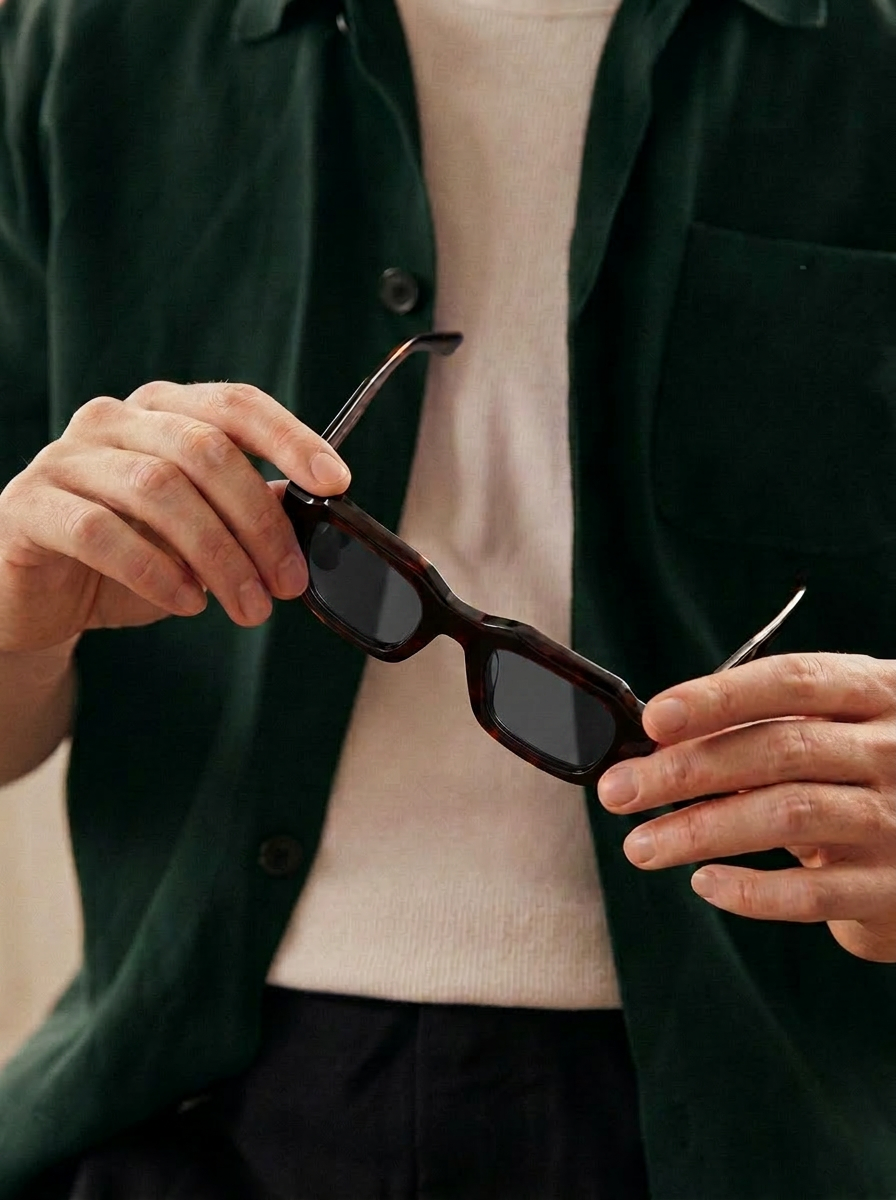 Person holding a pair of sunglasses with a blurred background