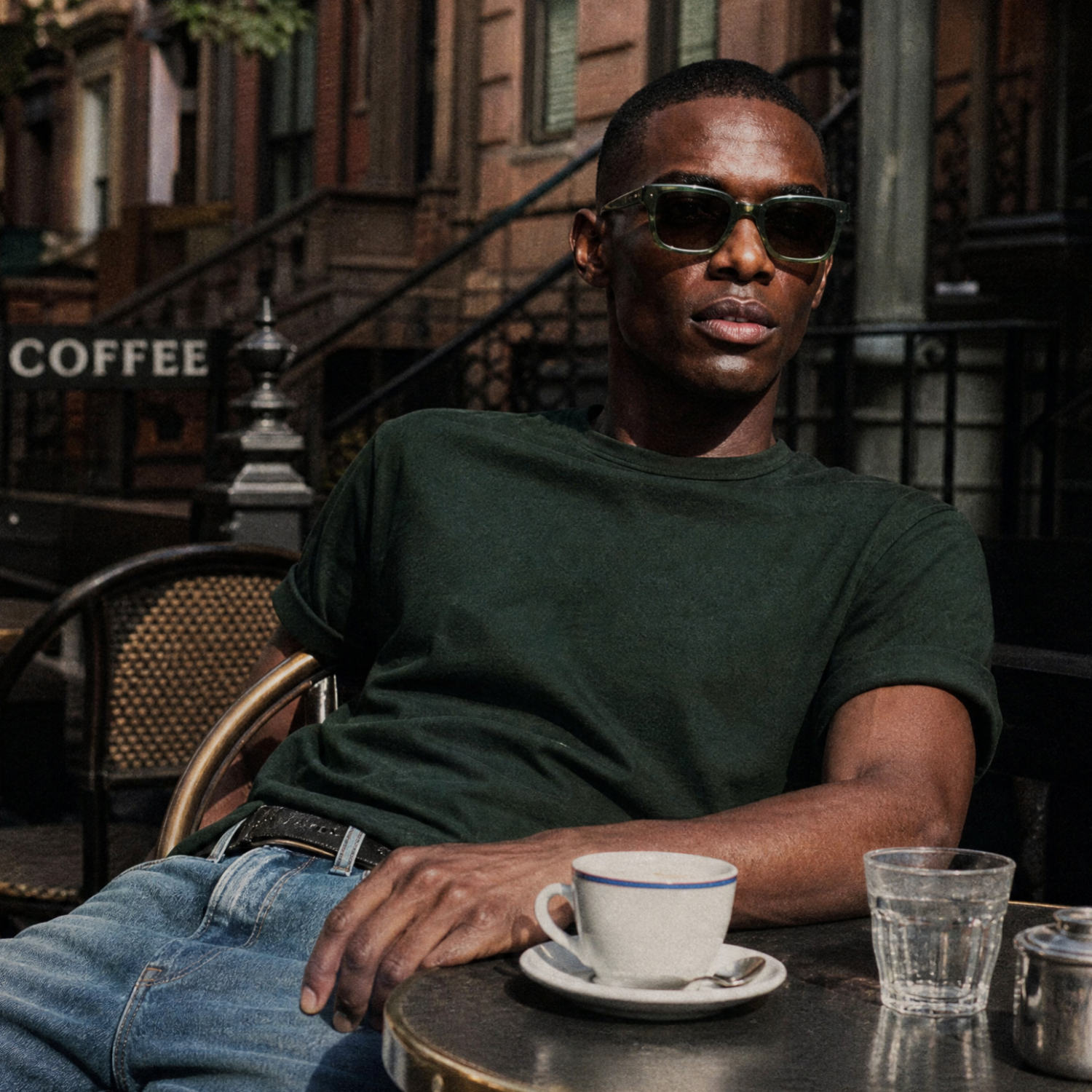 Man sitting at a table with a cup of coffee and a glass, wearing sunglasses and a green shirt.