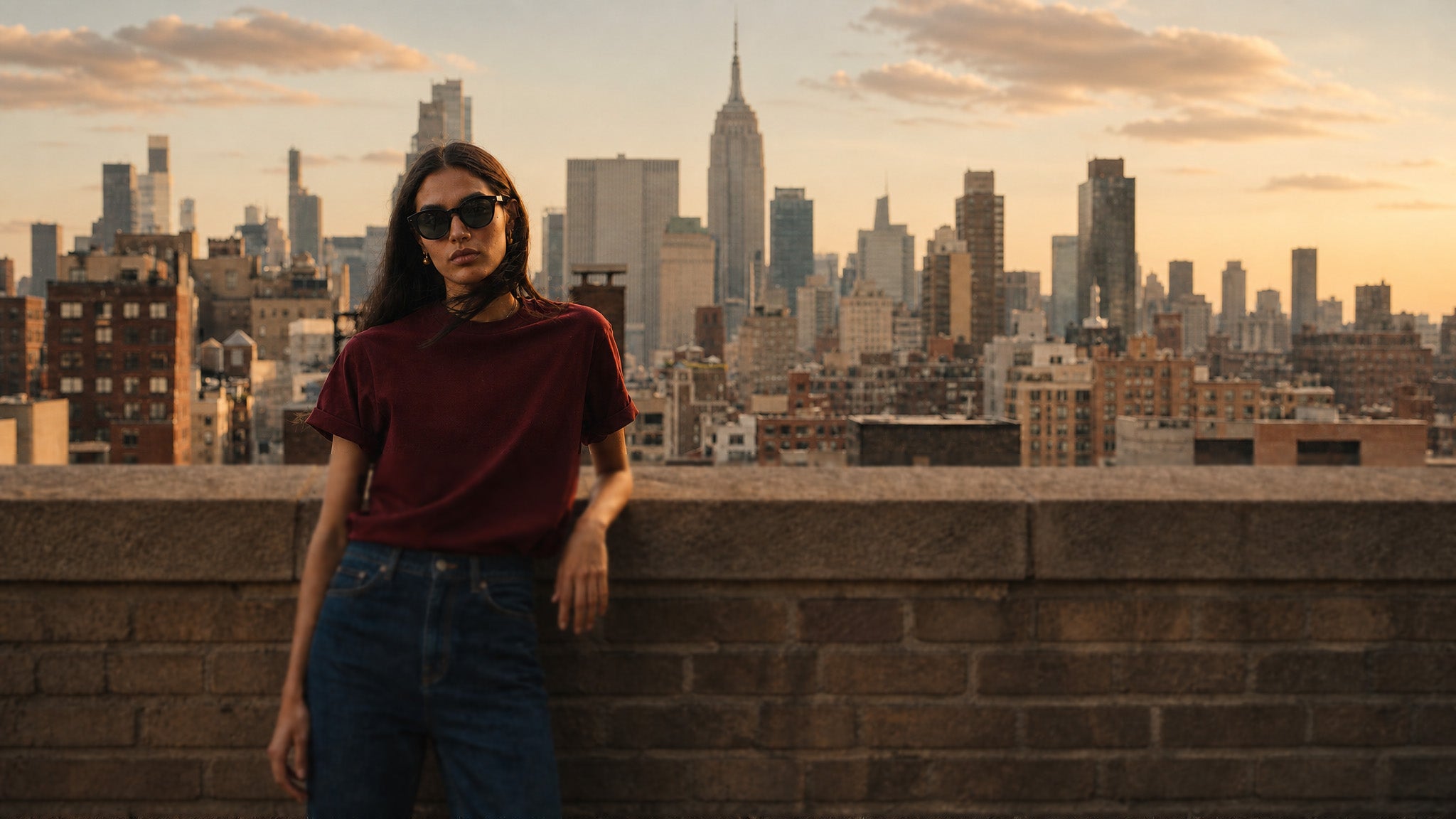 Woman standing on a rooftop with New York City skyline in the background